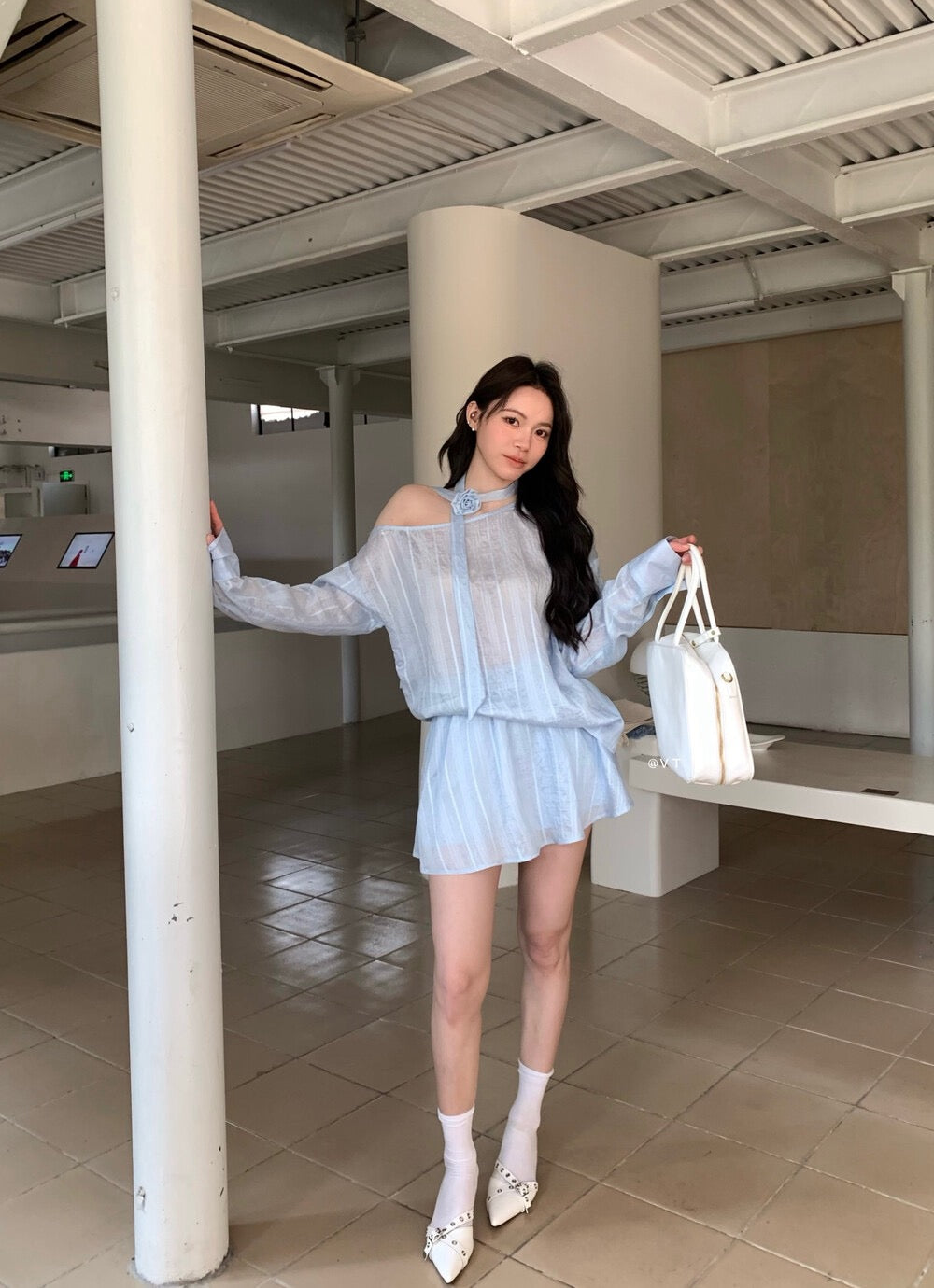 Vertical striped blue loose-fitting top + shorts set