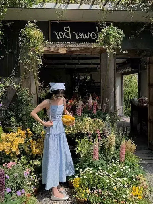 Blue plaid suspender dress with matching headscarf