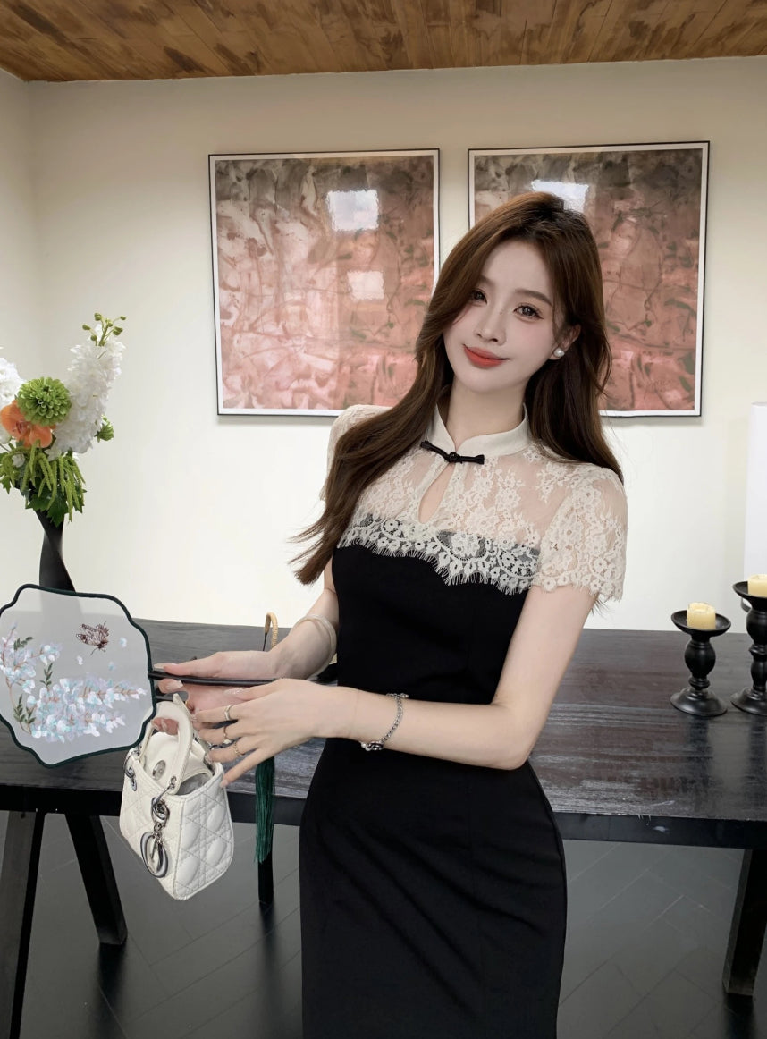New Chinese style white lace stitching black dress