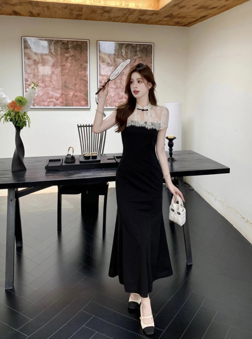 New Chinese style white lace stitching black dress