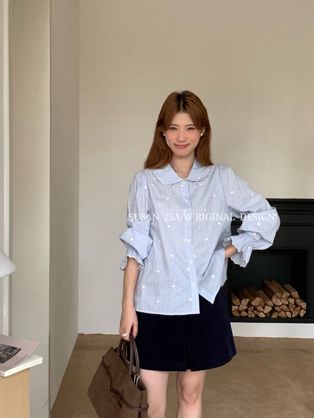 Korean style doll collar striped polka dot shirt