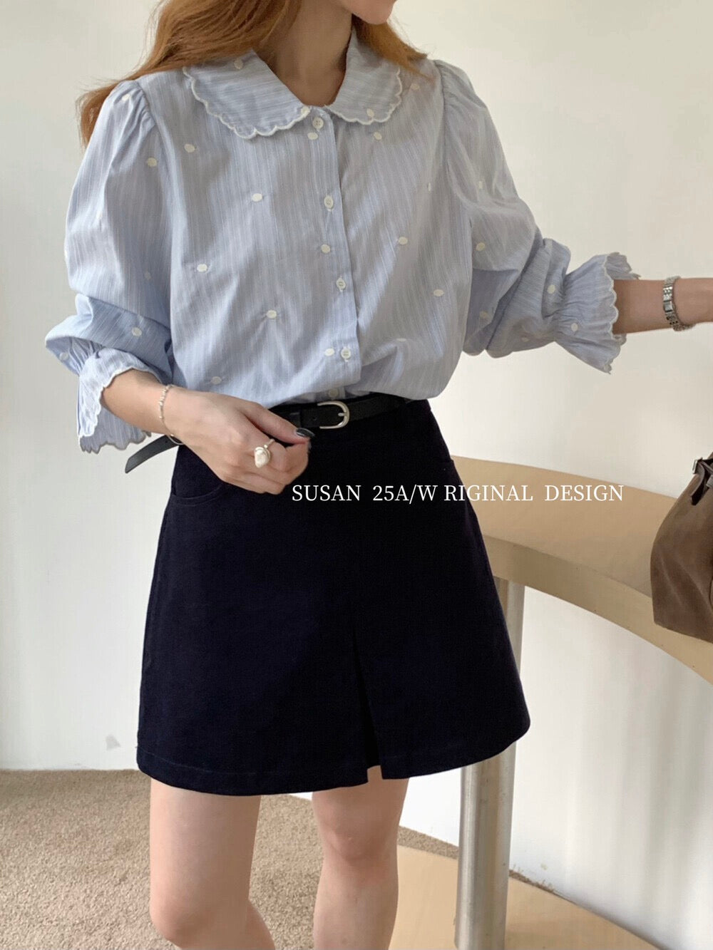 Korean style doll collar striped polka dot shirt