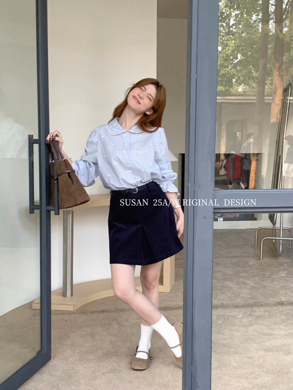 Korean style doll collar striped polka dot shirt