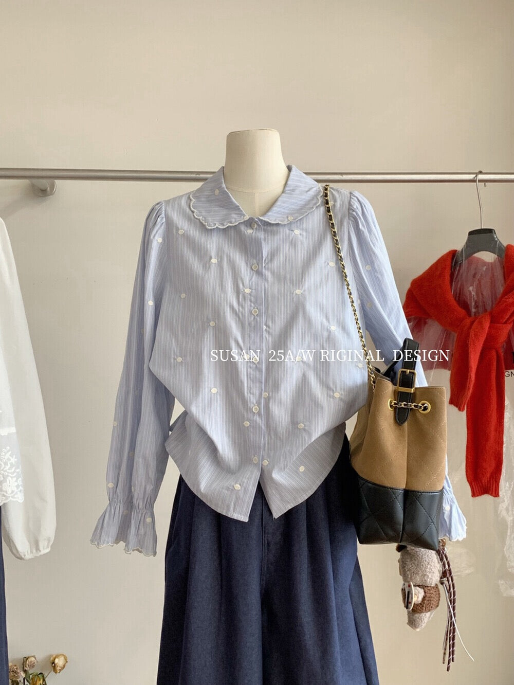 Korean style doll collar striped polka dot shirt