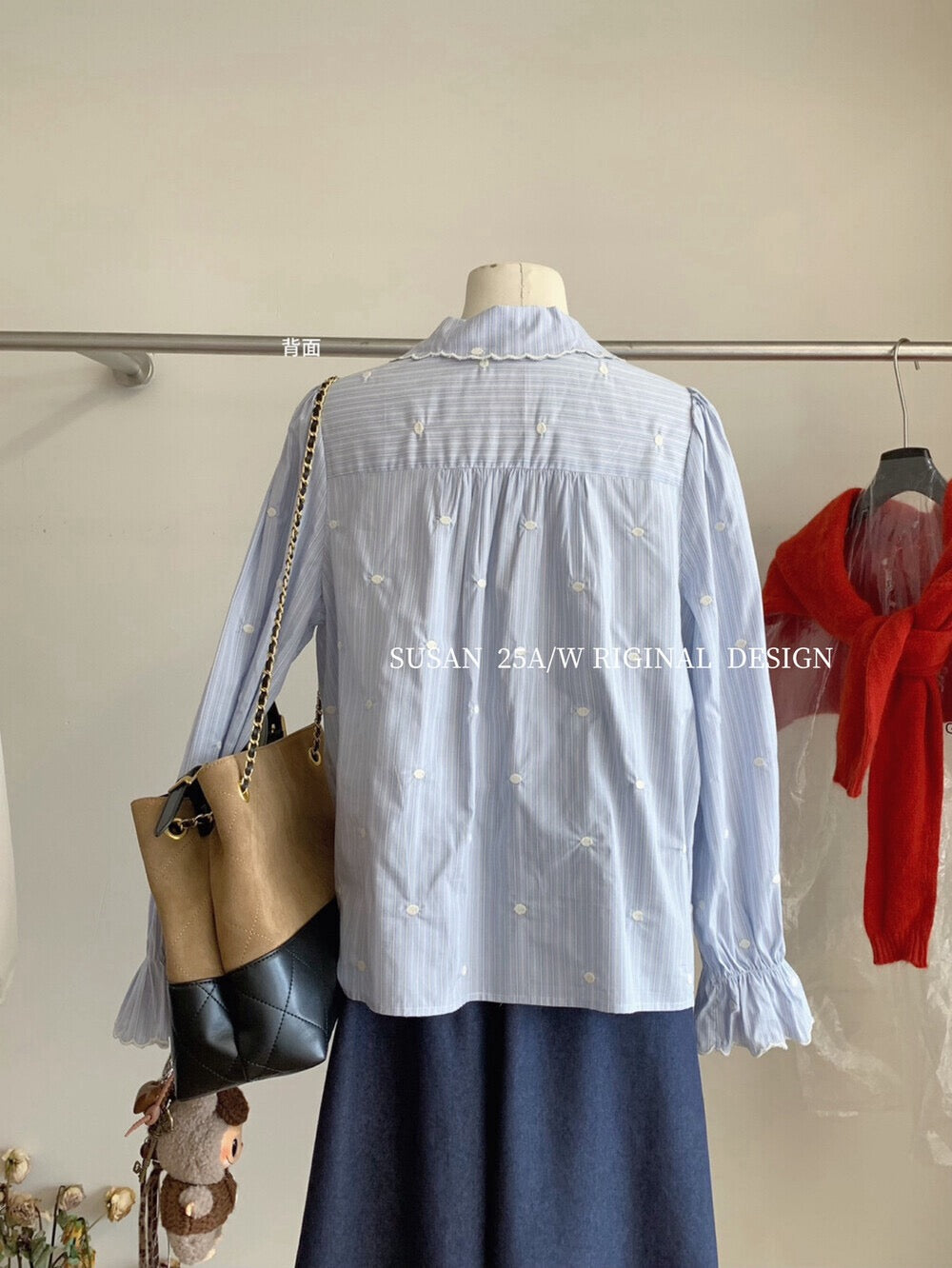 Korean style doll collar striped polka dot shirt