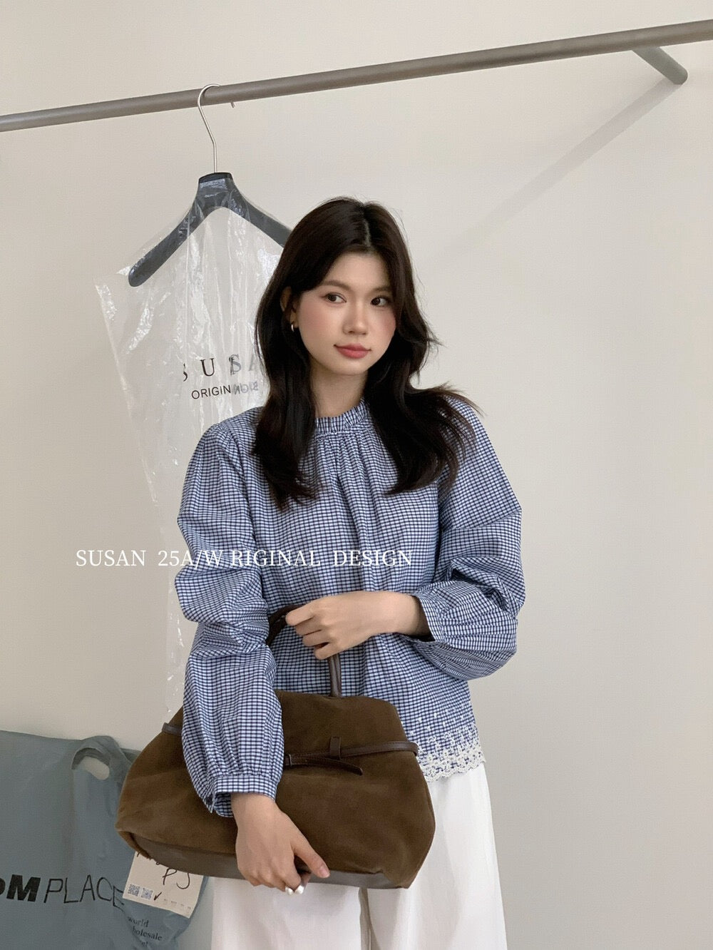 Korean style simple blue plaid shirt