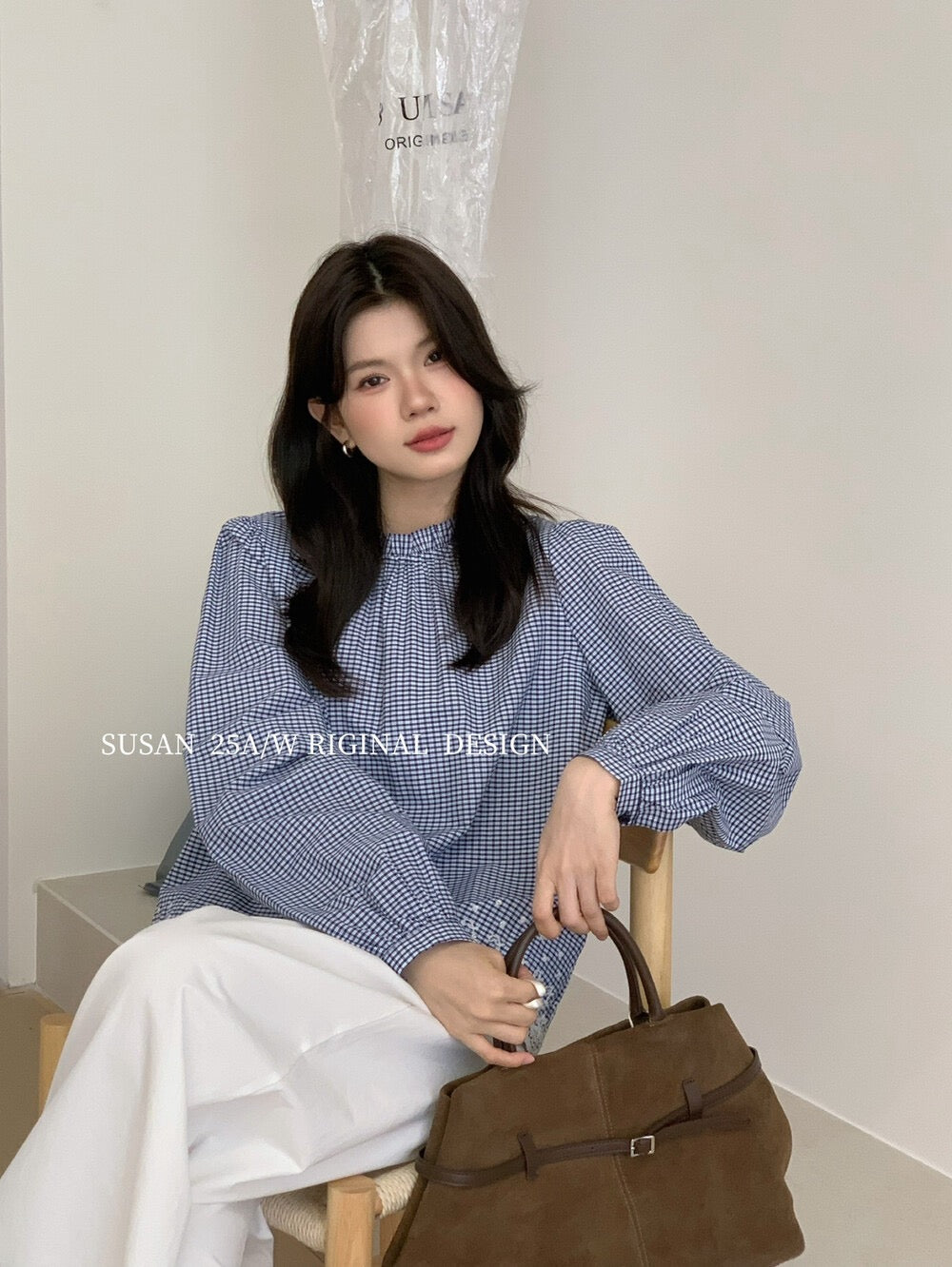 Korean style simple blue plaid shirt