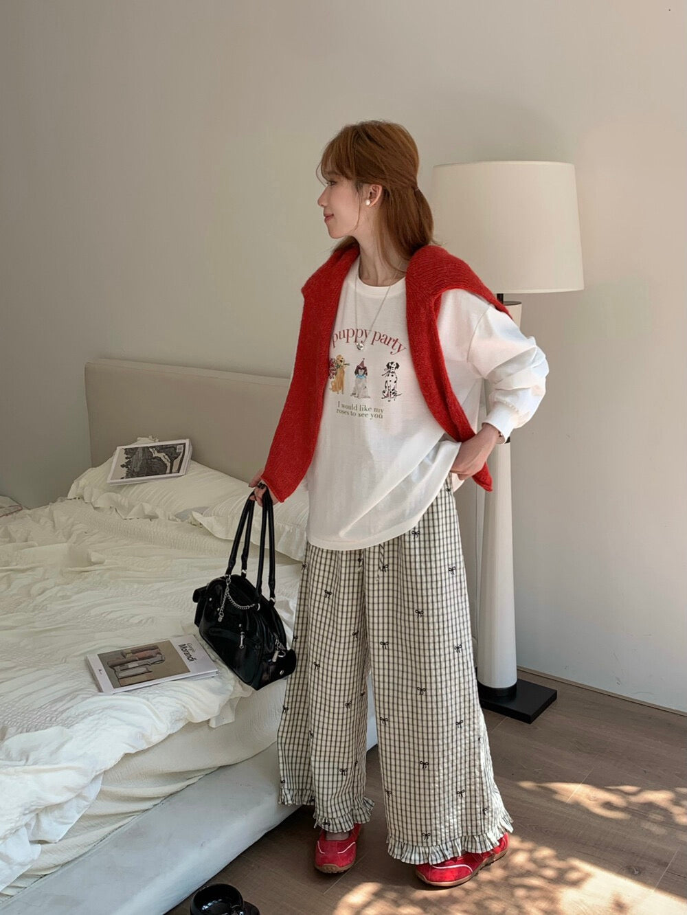 Korean-style plaid and bow-knot wide-leg pants