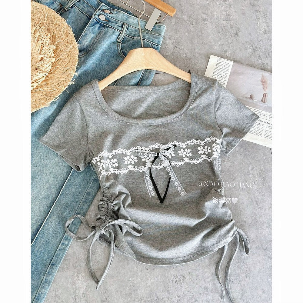 Grey Lace Bow Short Sleeve T-Shirt