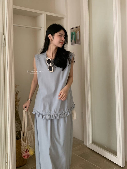 Cotton and linen suit, ruffled vest + high waist A-line skirt