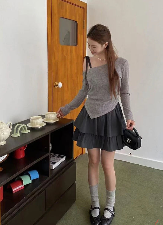 Ballet style two-piece set with a suspender skirt inside and a shoulder-baring blouse outside