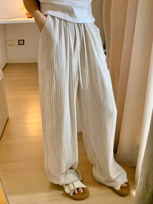 Cotton and linen vertical striped high-waisted elastic waist wide-leg pants