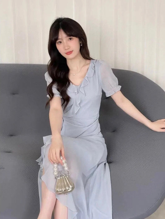 Blue lace chiffon soft dress