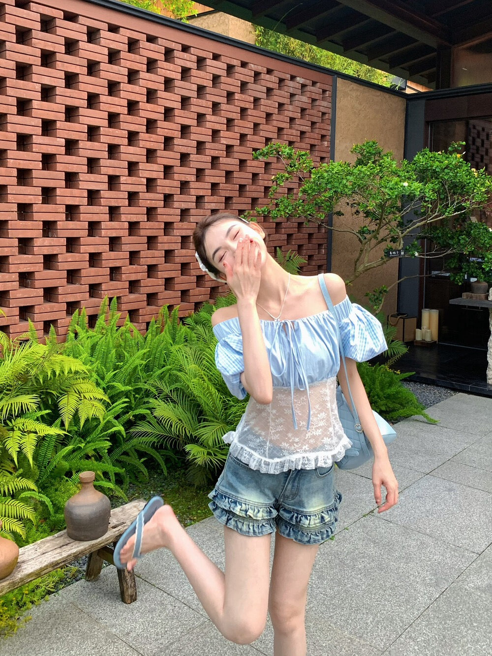 Lace patchwork off-the-shoulder top