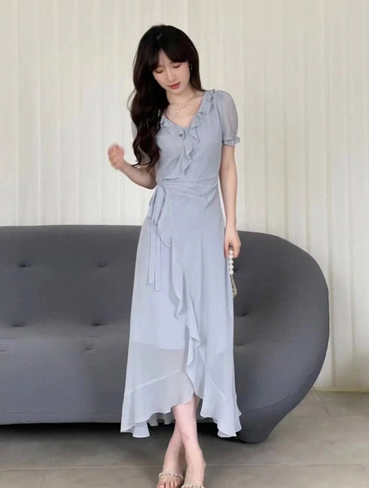Blue lace chiffon soft dress