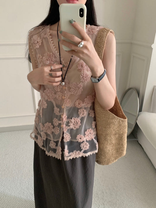 Exquisite hollow flower craft flesh pink blouse