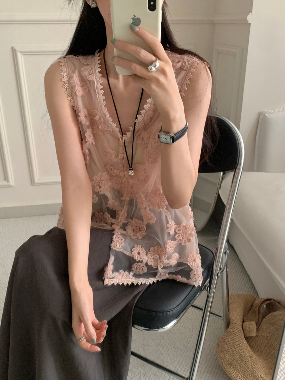 Exquisite hollow flower craft flesh pink blouse