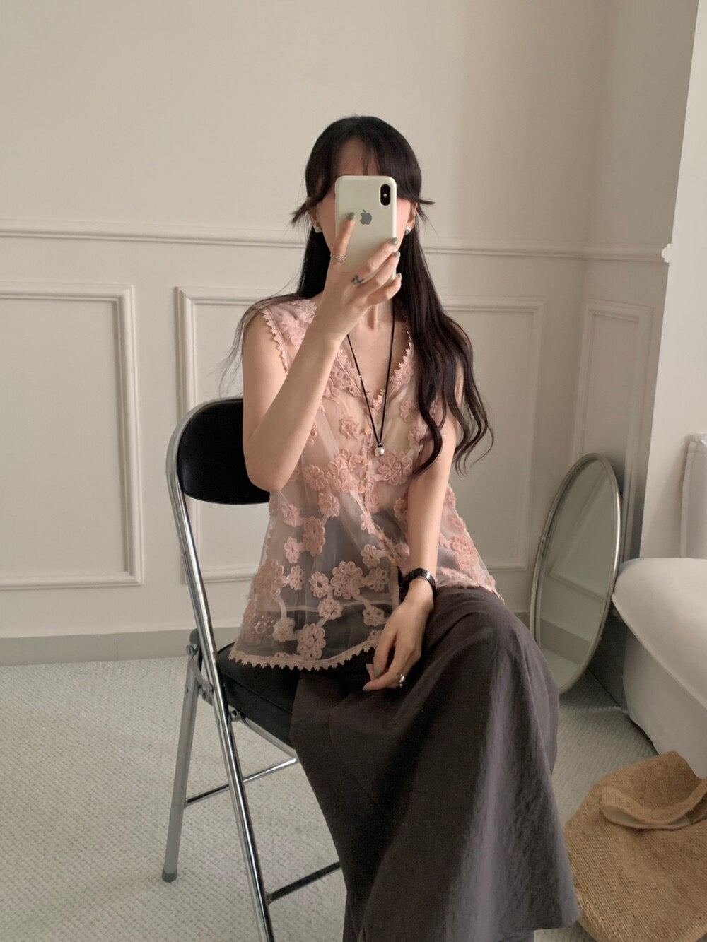 Exquisite hollow flower craft flesh pink blouse