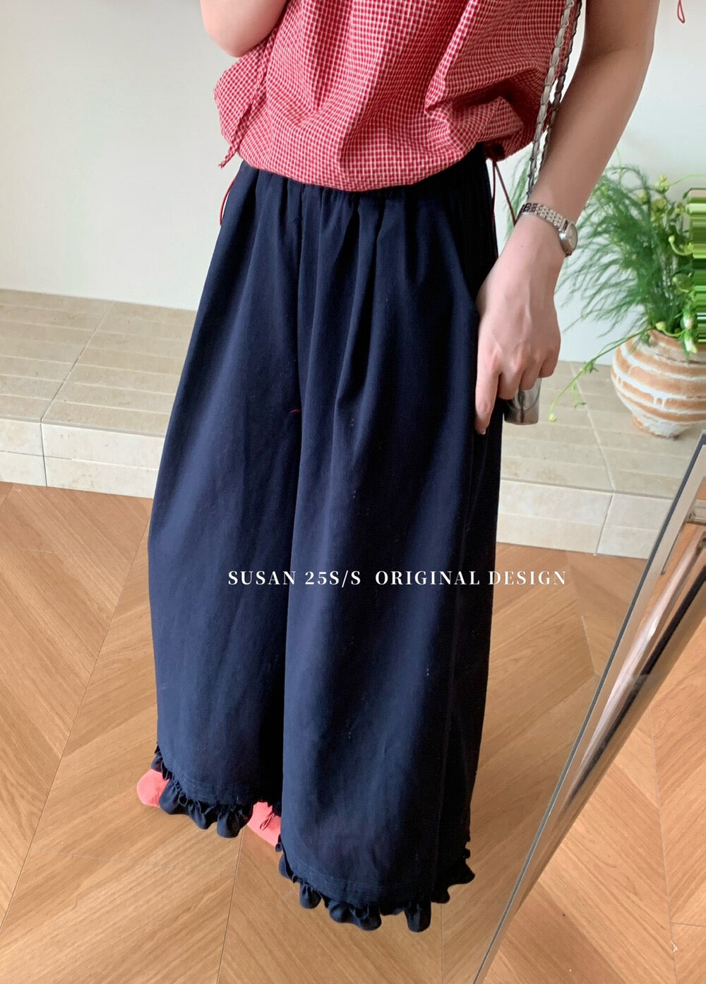 Lace design elastic high waist wide leg pants slim and versatile