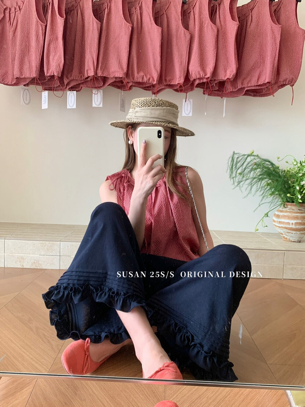 Lace design elastic high waist wide leg pants slim and versatile