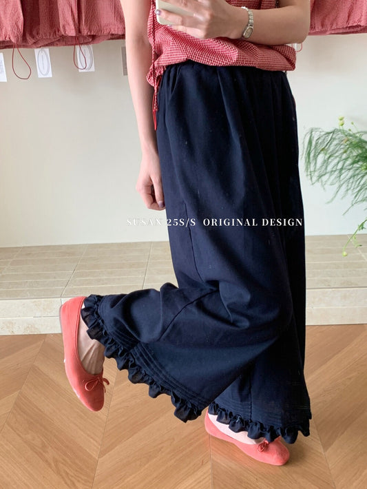 Lace design elastic high waist wide leg pants slim and versatile