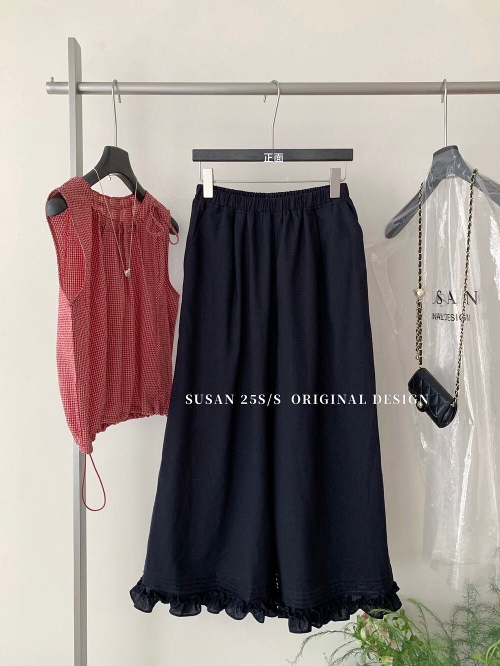 Lace design elastic high waist wide leg pants slim and versatile