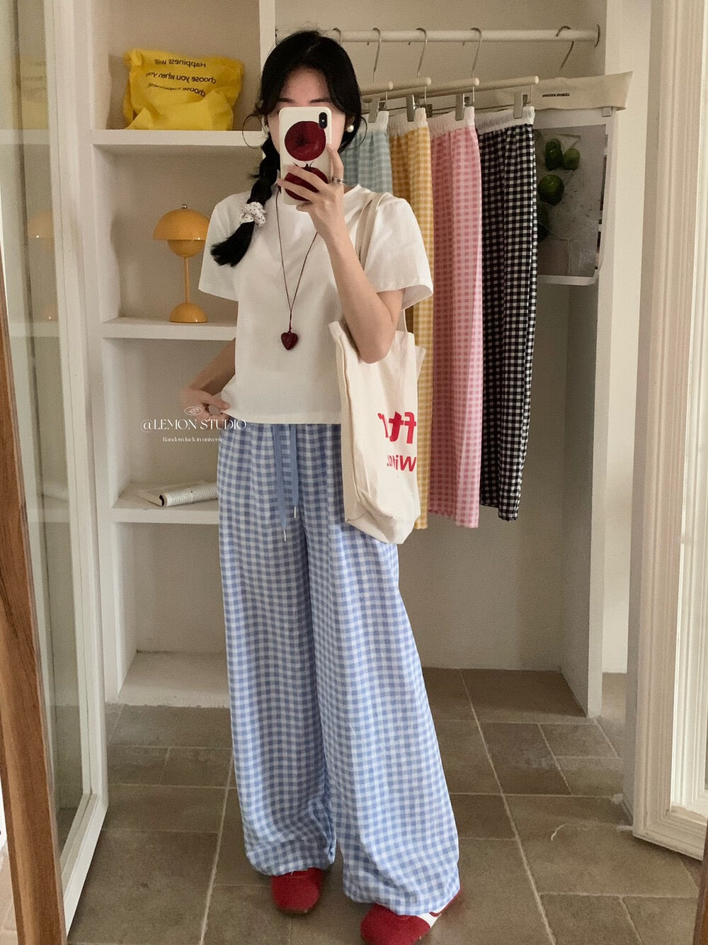 Lazy loose straight drape plaid pants, wide-leg casual pants