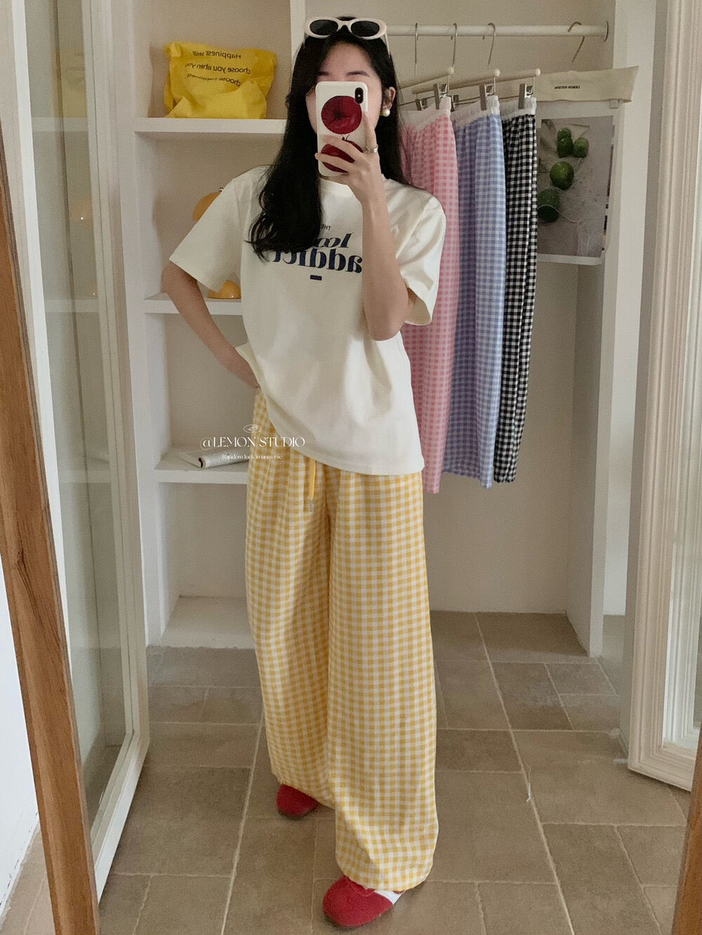 Lazy loose straight drape plaid pants, wide-leg casual pants