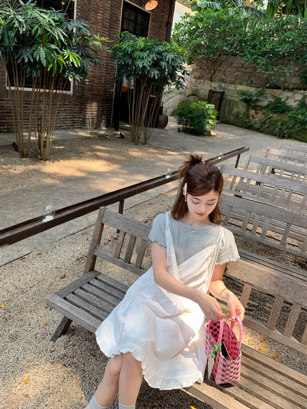 Gray short-sleeved T-shirt + bowknot girlish dress