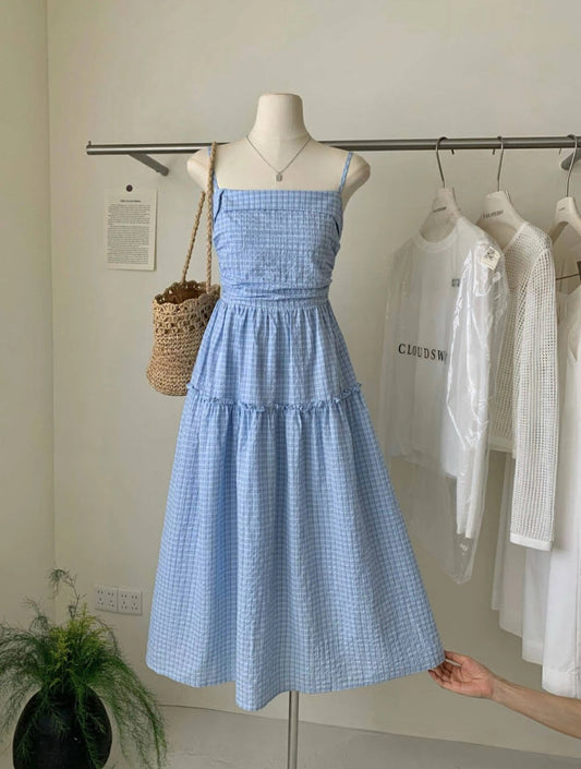 Blue plaid suspender dress with matching headscarf