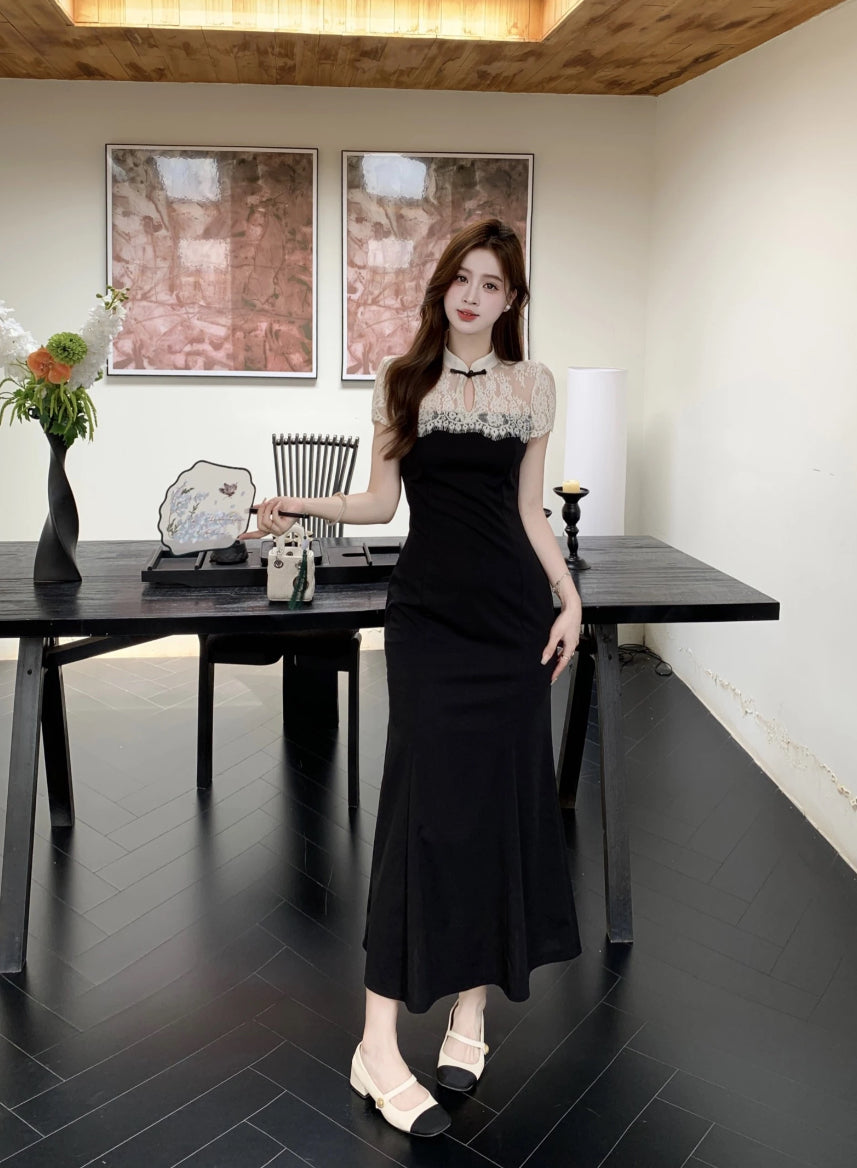 New Chinese style white lace stitching black dress