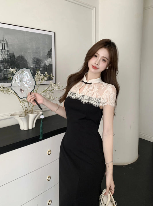 New Chinese style white lace stitching black dress