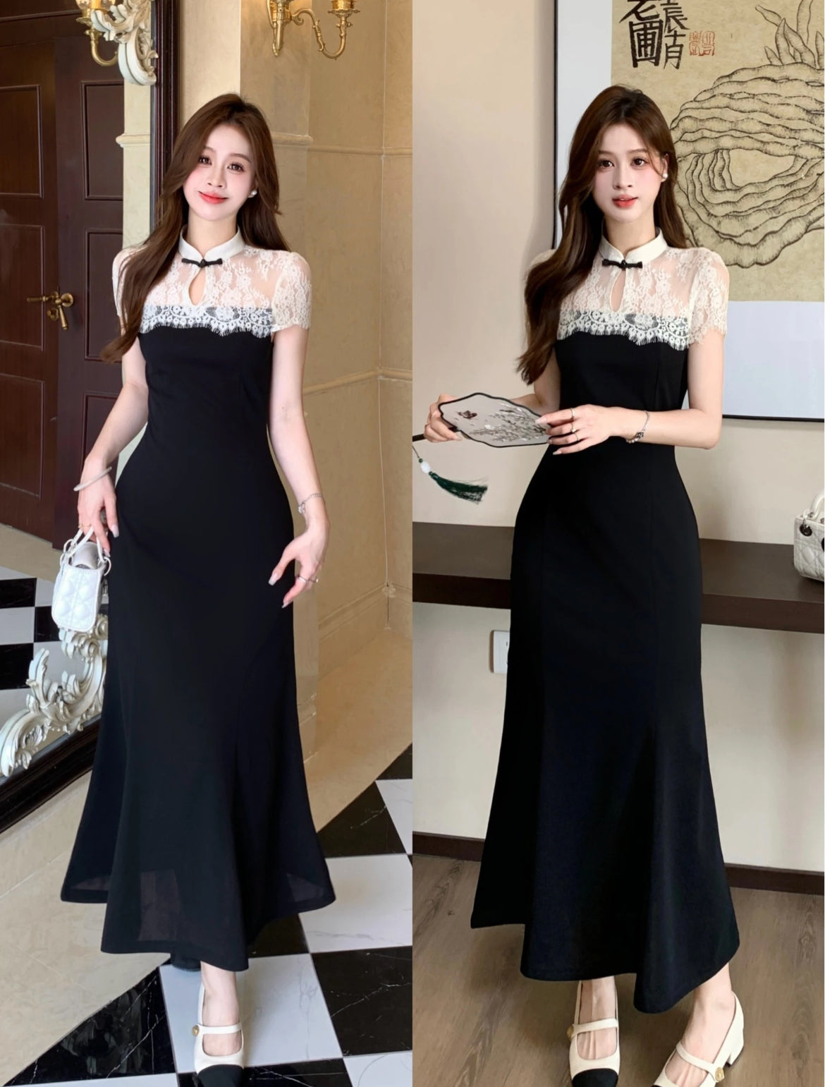 New Chinese style white lace stitching black dress