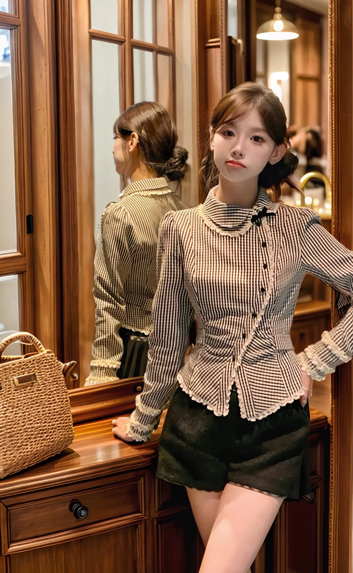 Black and white plaid irregular collar shirt with adjustable waist