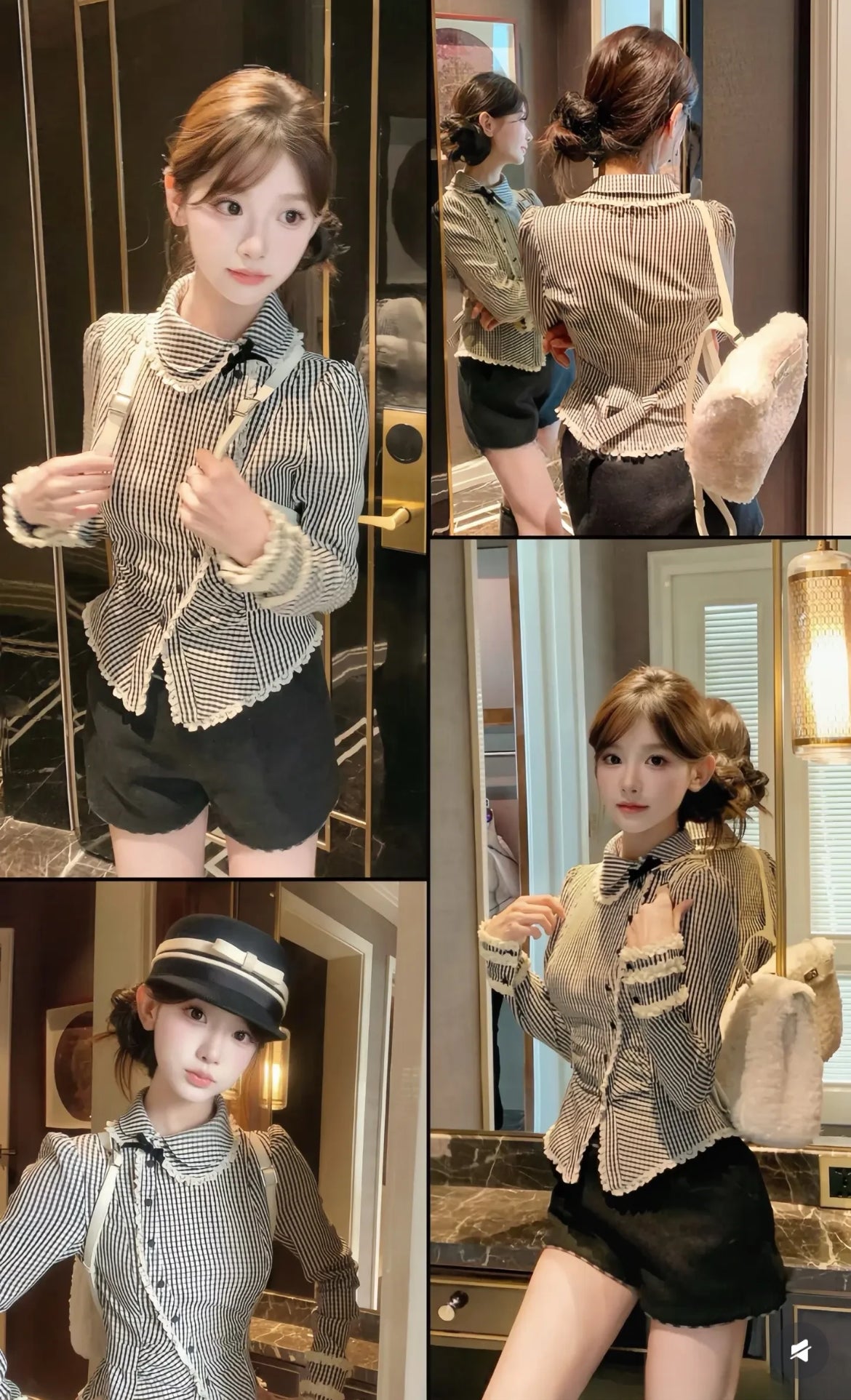 Black and white plaid irregular collar shirt with adjustable waist
