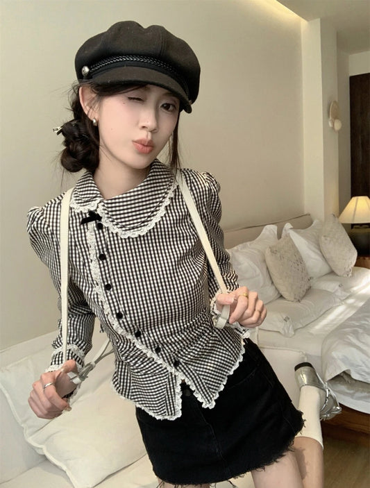 Black and white plaid irregular collar shirt with adjustable waist