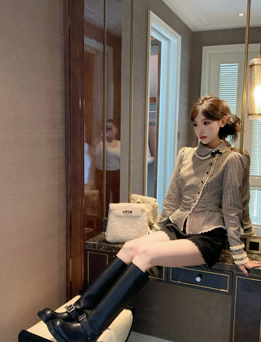Black and white plaid irregular collar shirt with adjustable waist