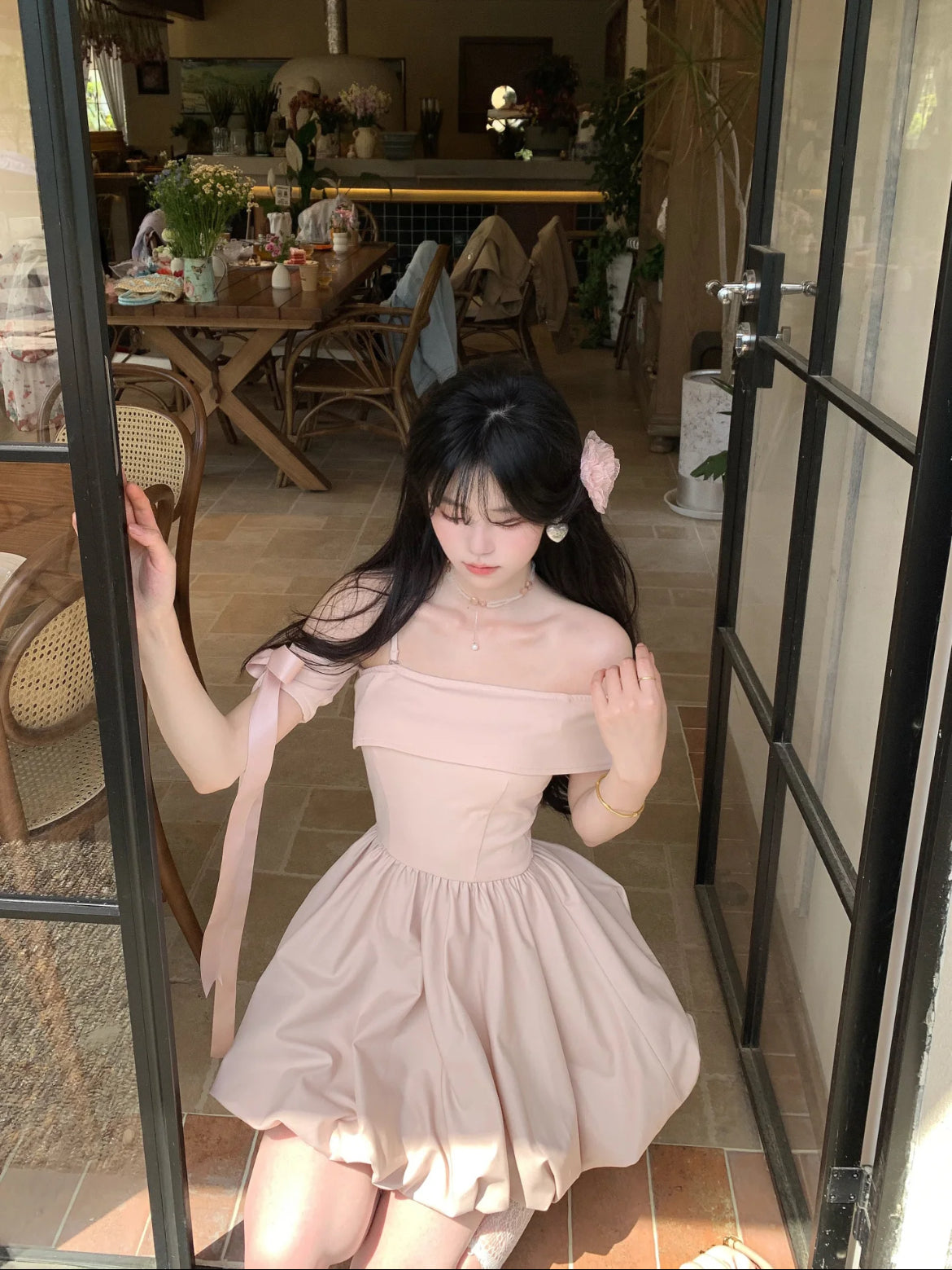 Pink irregular off-shoulder bud dress