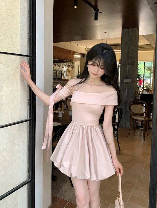 Pink irregular off-shoulder bud dress