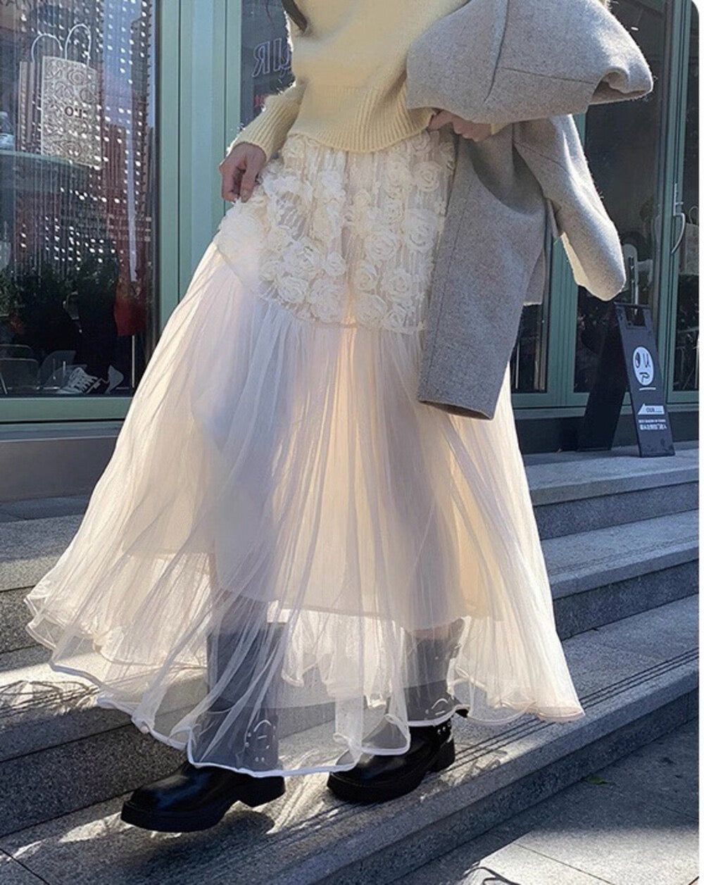 Three-dimensional flower patchwork long skirt, gauze skirt