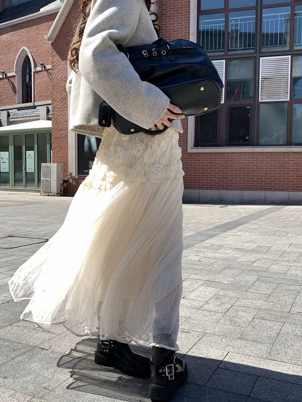 Three-dimensional flower patchwork long skirt, gauze skirt