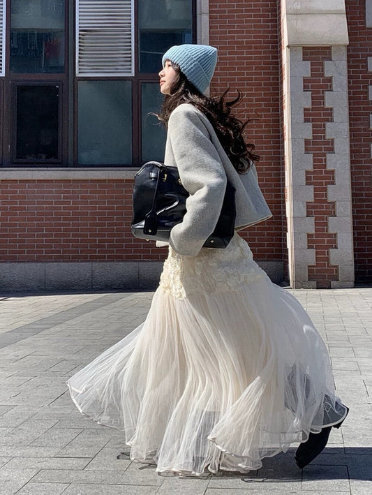 Three-dimensional flower patchwork long skirt, gauze skirt