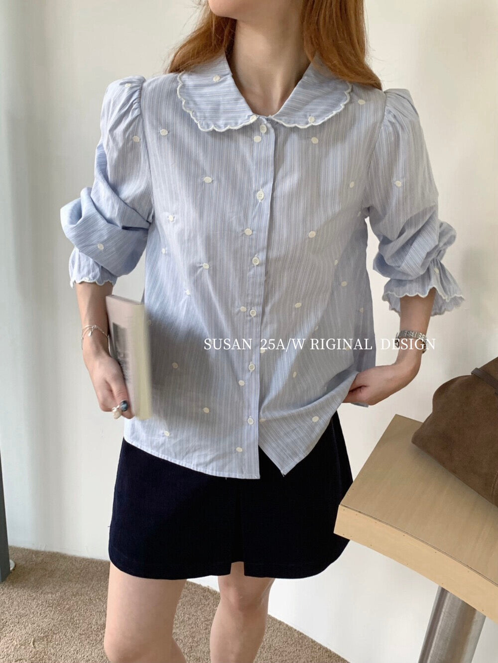 Korean style doll collar striped polka dot shirt