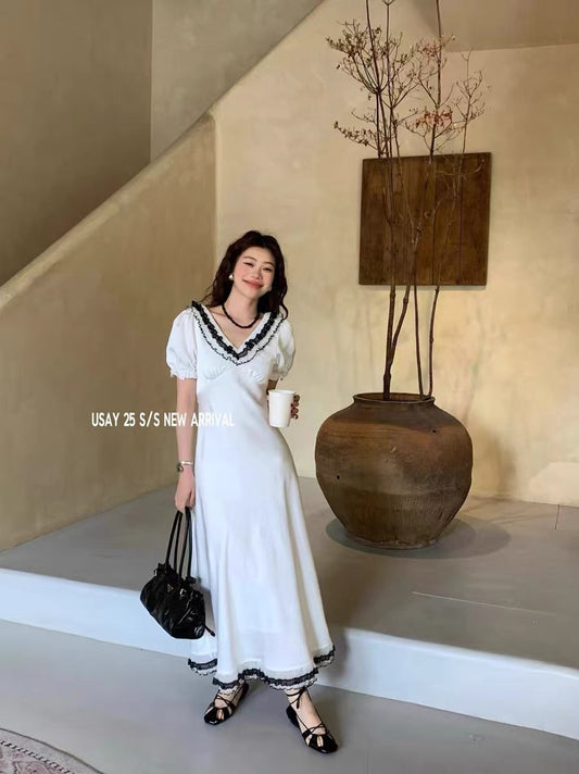 Lace Puff Sleeve V-Neck Dress