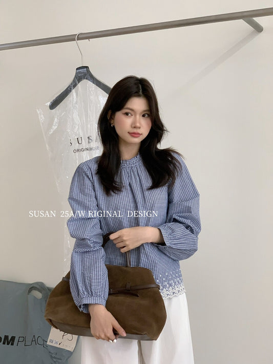 Korean style simple blue plaid shirt