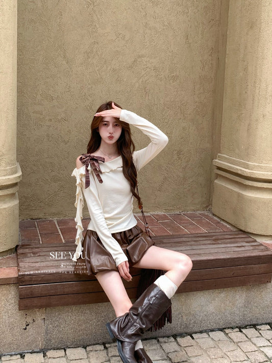 Off-shoulder long-sleeved belt buckle, plaid bow tie versatile knitted top