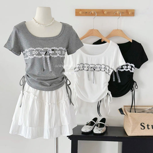Grey Lace Bow Short Sleeve T-Shirt