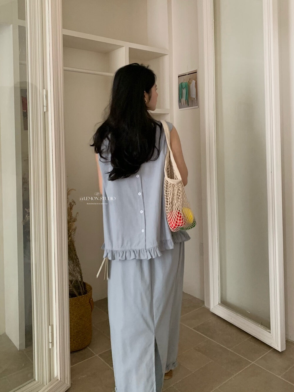 Cotton and linen suit, ruffled vest + high waist A-line skirt