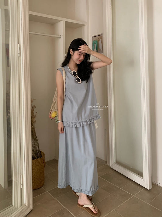 Cotton and linen suit, ruffled vest + high waist A-line skirt