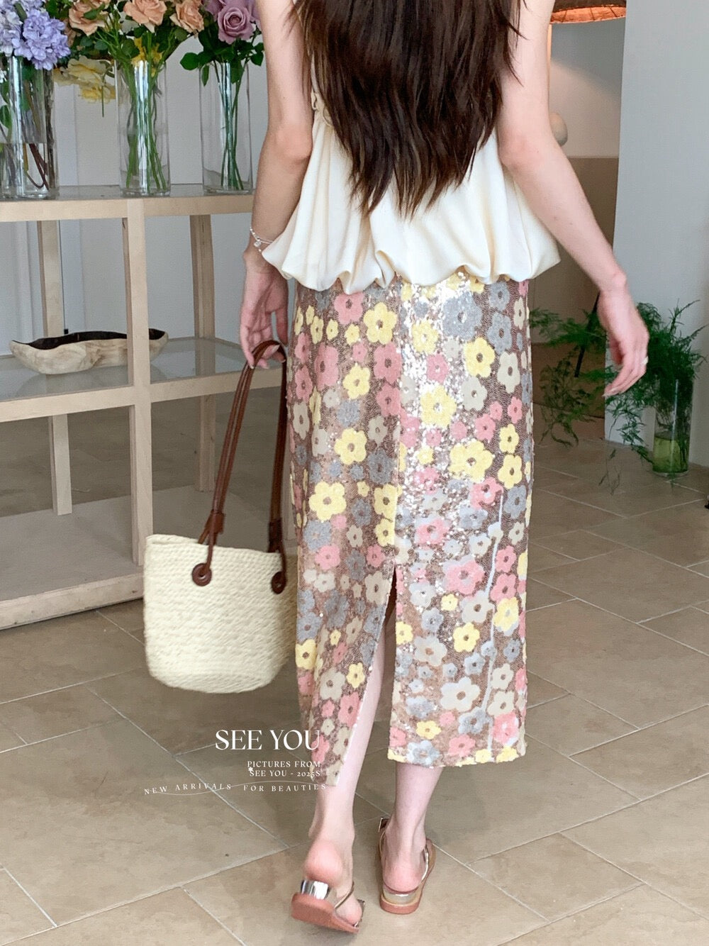 Sequined floral straight maxi skirt